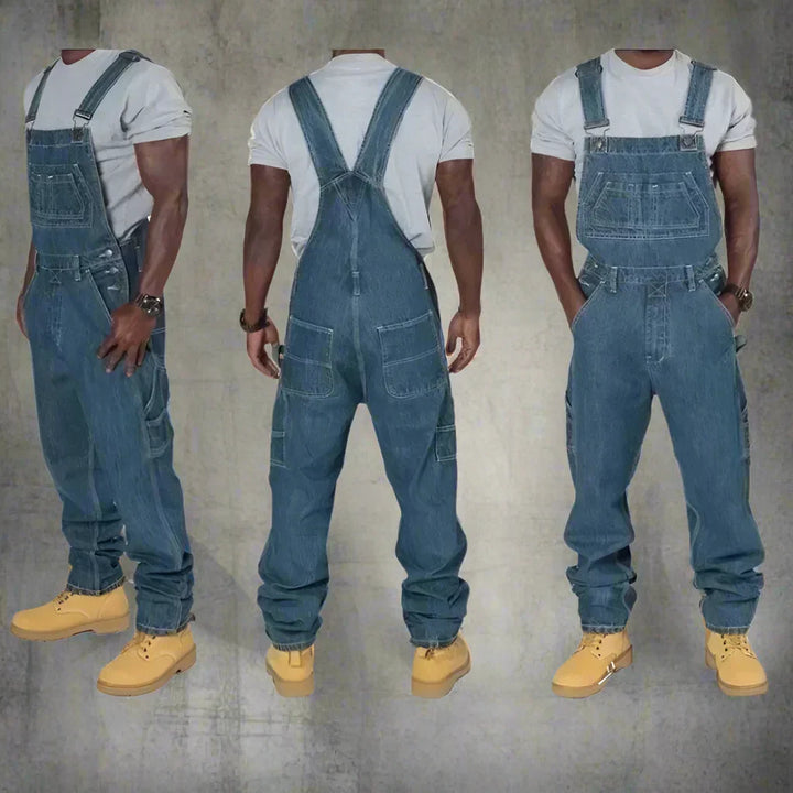 Salopette en denim homme moderne, idéale pour un look décontracté ou streetwear. Confortable et tendance.
