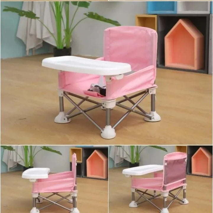 Chaise enfant pliante avec harnais de sécurité 3 points, offrant stabilité et confort pour tous les repas.