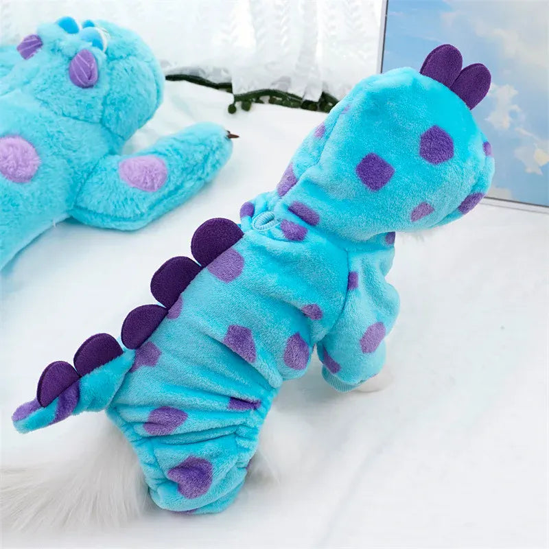 Déguisement dinosaure bleu pour chat, en flanelle chaude. Costume original pour animaux, parfait pour les fêtes.