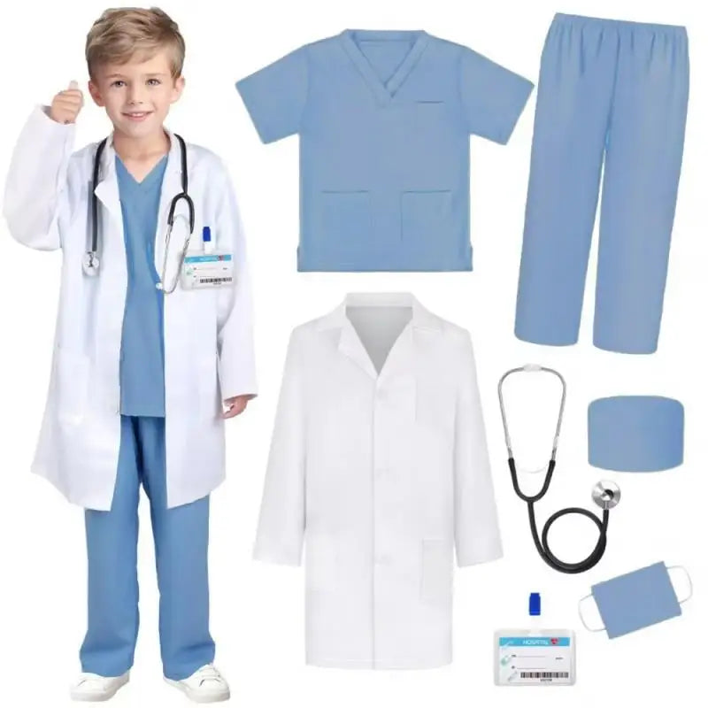Costume enfant docteur-infirmière complet, incluant stéthoscope, idéal pour Halloween ou jeu de rôle.