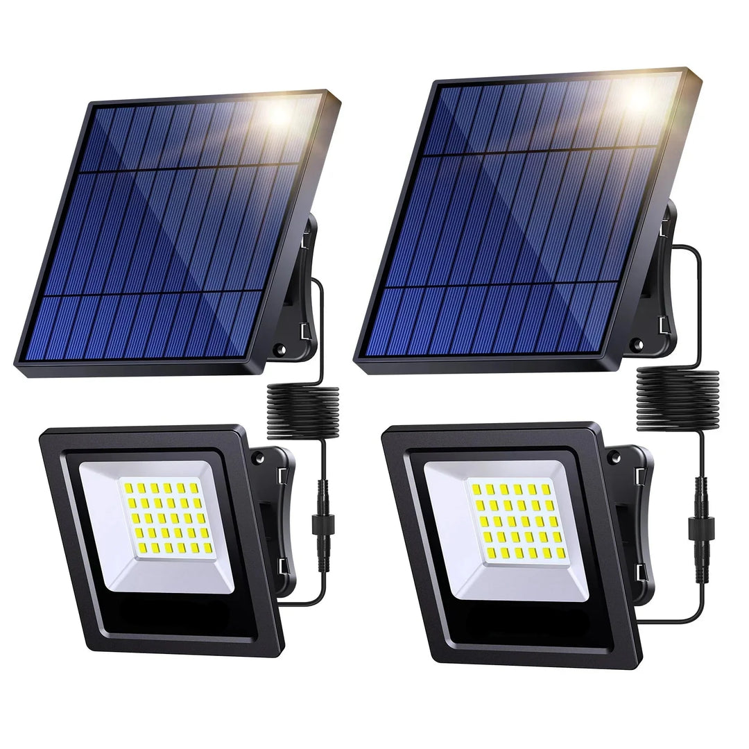 Projecteur solaire LED étanche IP65 pour éclairage extérieur de jardin, terrasse ou allée, sécurité autonome.
