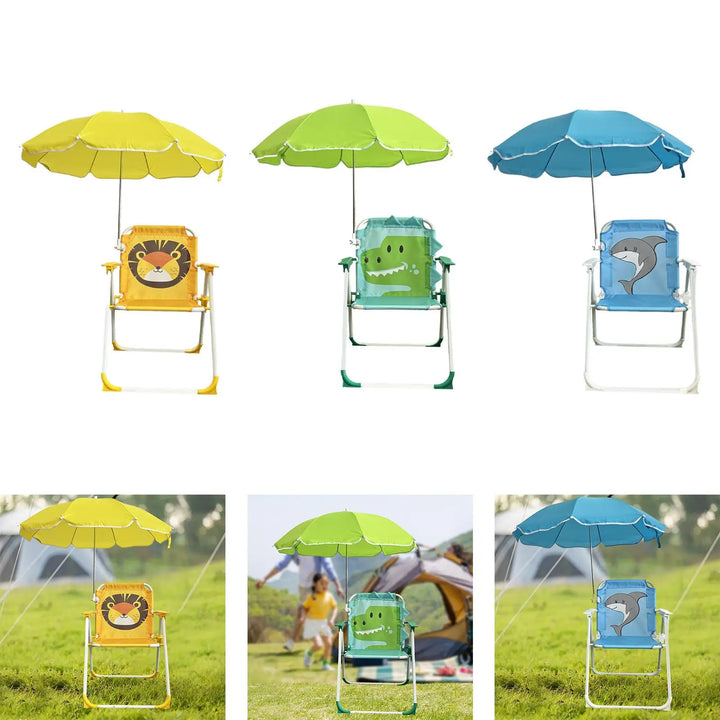 Fauteuil de plage enfant jaune, portable avec auvent protecteur UV, parfait pour l'extérieur.