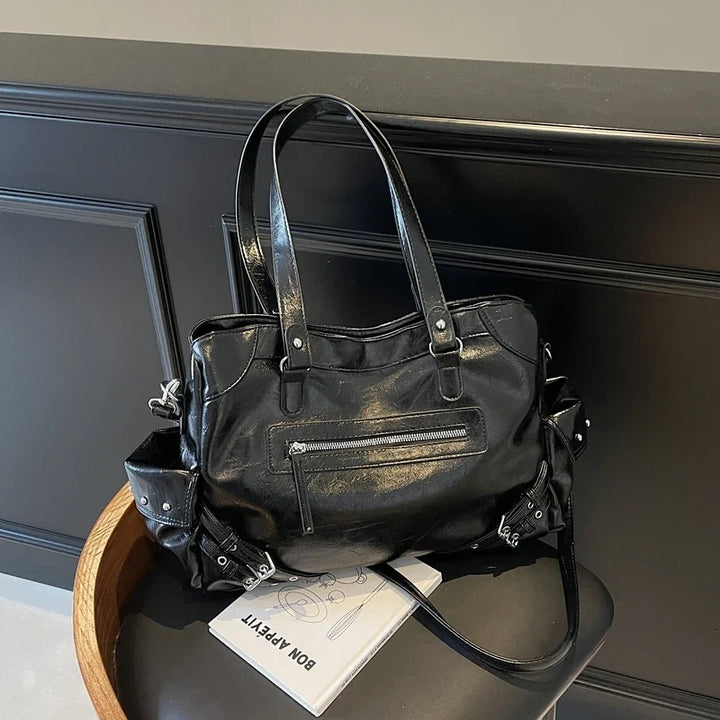 Sac femme chic en cuir PU vintage, grand modèle pour cours, idéal lycéenne, tendance.