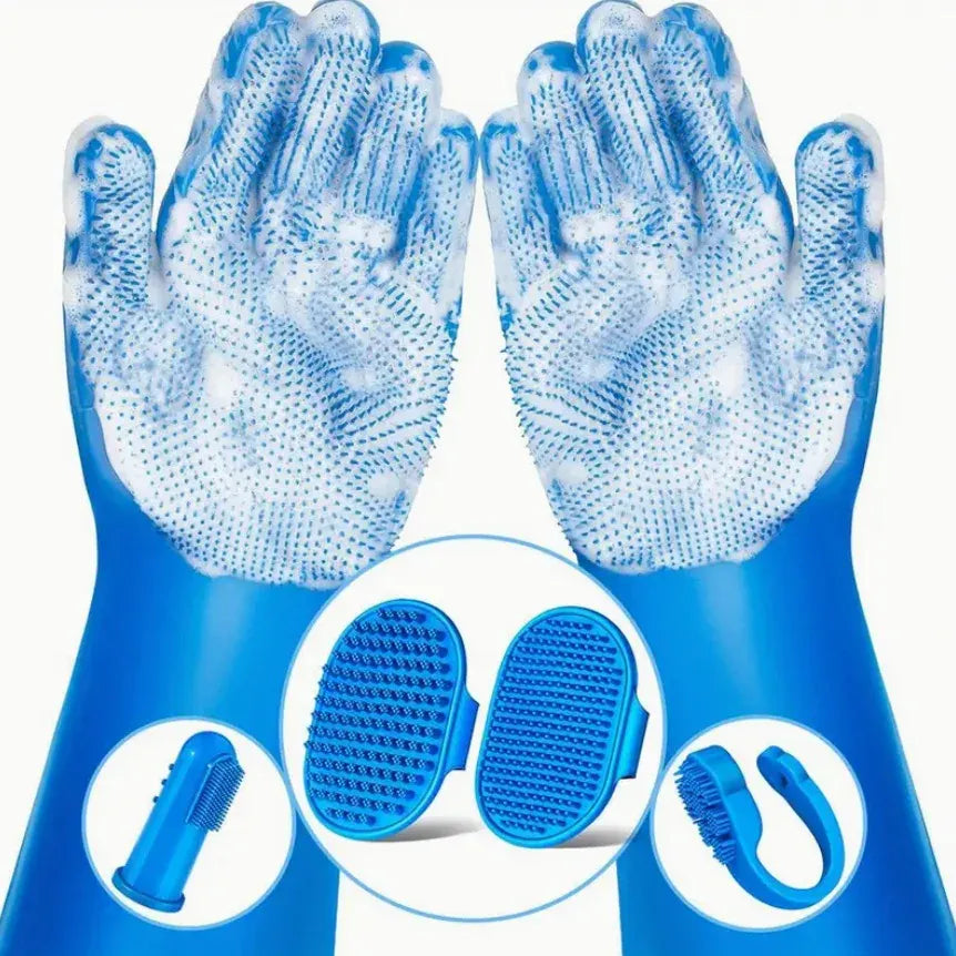 Gants de toilettage en silicone premium pour brossage doux des poils de chiens et chats, idéal pour le bain et massage.