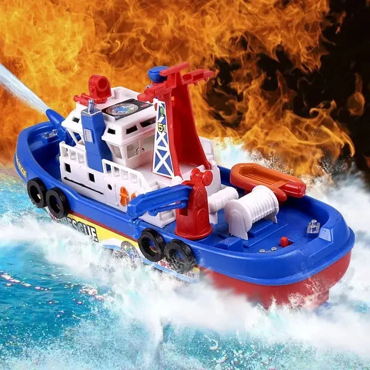 Bateau de pompiers interactif AquaLux Elite pour enfant avec lumières et sons réalistes, idéal pour jeu de bain.