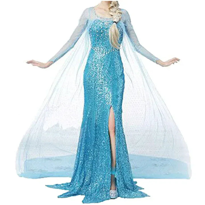 Robe déguisement femme princesse bleu glace scintillante, parfaite pour soirée, carnaval ou cosplay.