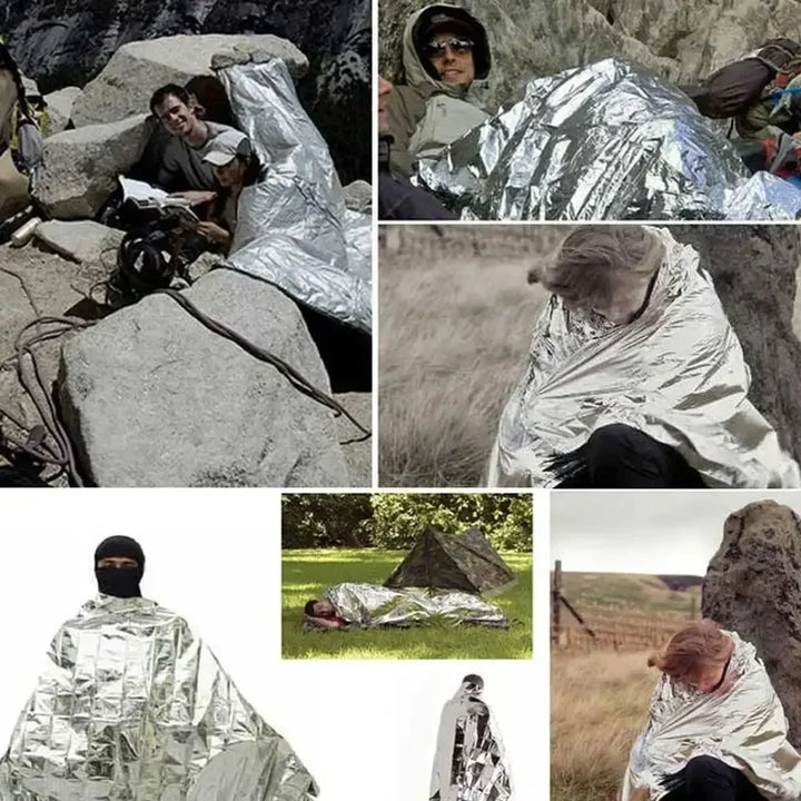 Couverture de survie ThermaShield, poncho étanche et thermique pour protection en randonnée.