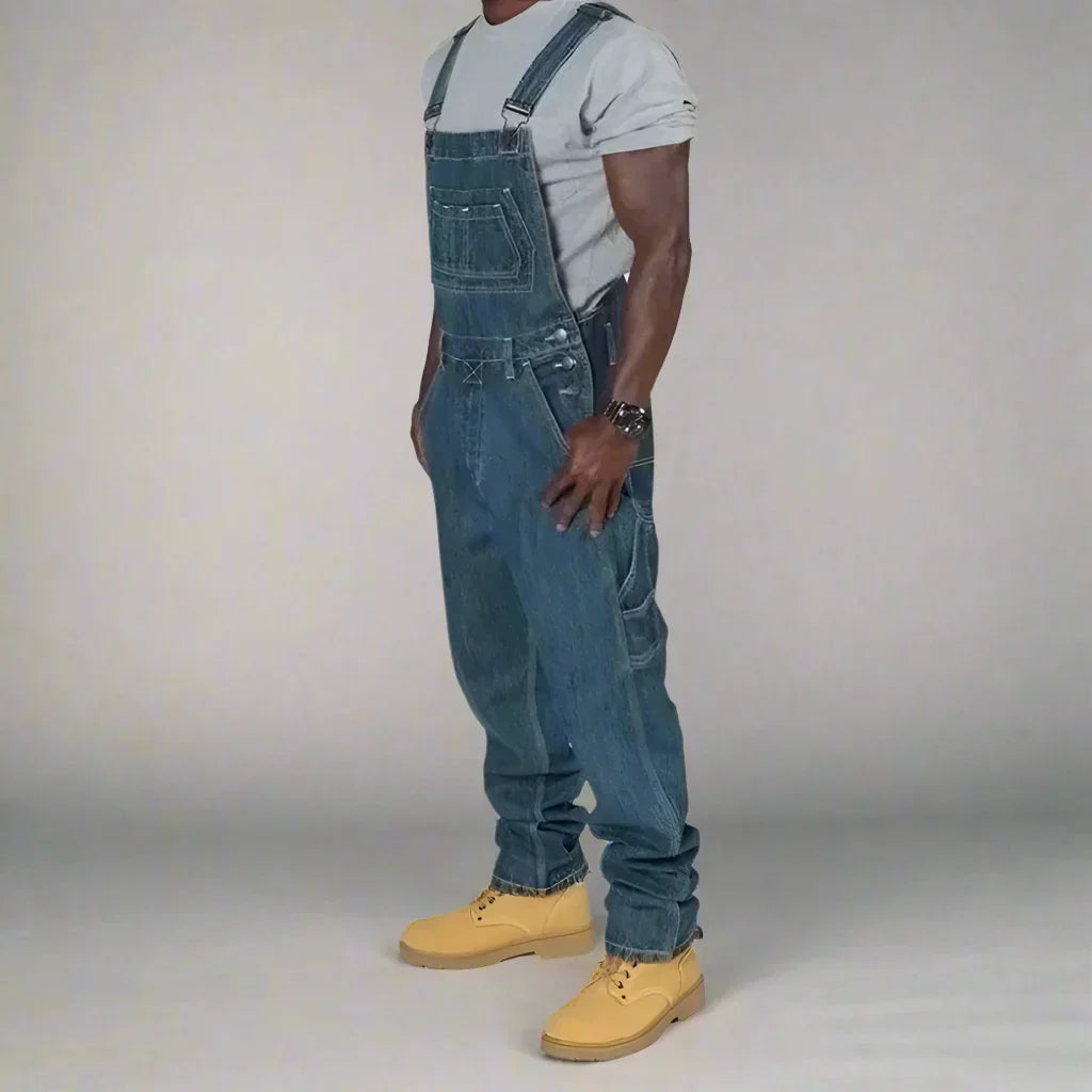 Salopette homme en denim robuste pour le travail ou un style décontracté. Jumpsuit élégant et confortable.