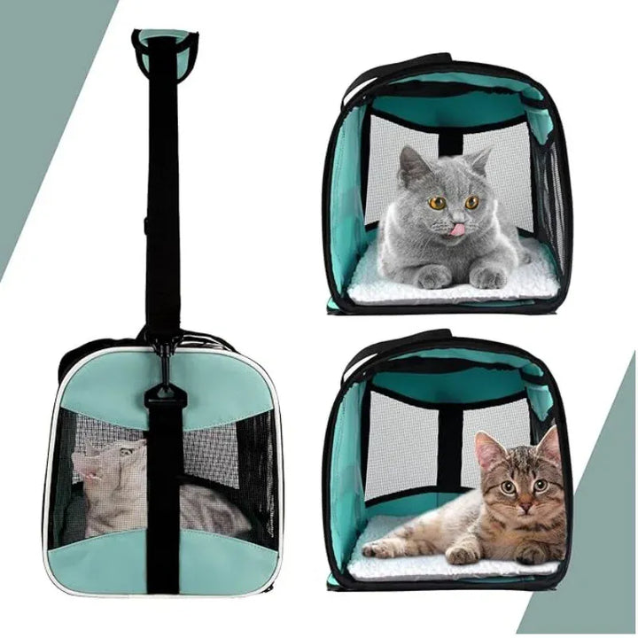 Sac de voyage pratique pour chat et petit chien, design pliable, assure sécurité et confort lors du transport.