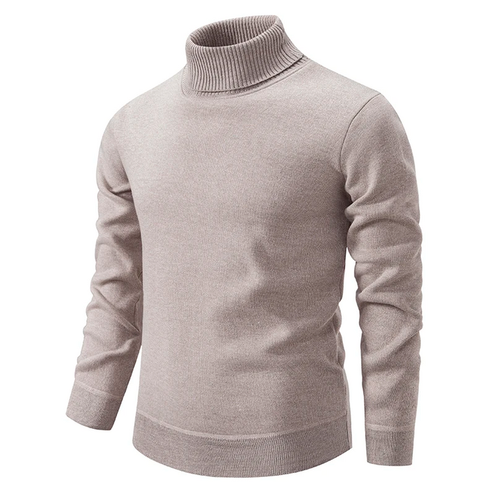 Pull col roulé élégant homme, coupe slim, tricot chaud. Look hivernal chic et confortable pour mode masculine.