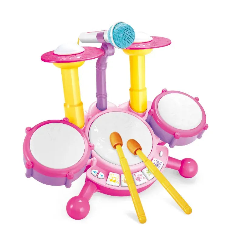 Batterie enfant interactive avec micro et lumières. Parfaite pour l'éveil musical, motricité fine et coordination.