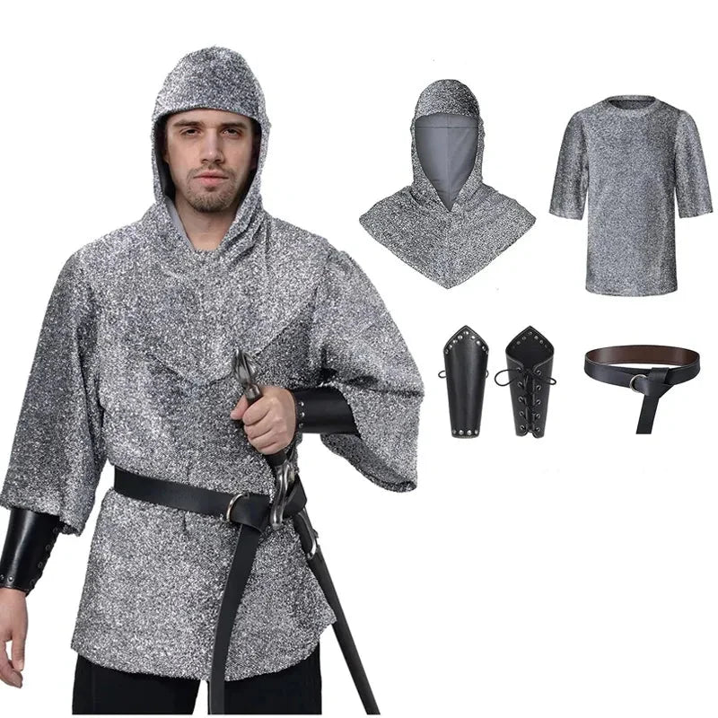 Déguisement homme chevalier templier médiéval authentique, armure et bouclier, parfait pour fête ou cosplay.