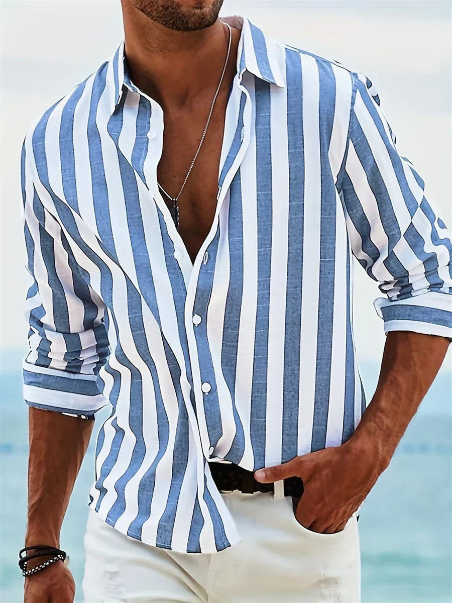 Chemise d'été rayée homme, style décontracté et frais. Idéale pour la mode masculine estivale.