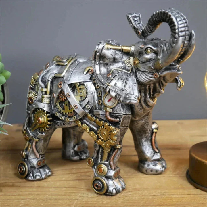 Ornement de bureau steampunk, sculpture animale industrielle détaillée avec engrenages apparents.