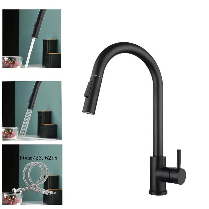 Robinet de cuisine extensible pour évier, douchette extractible en acier inoxydable. Design contemporain.