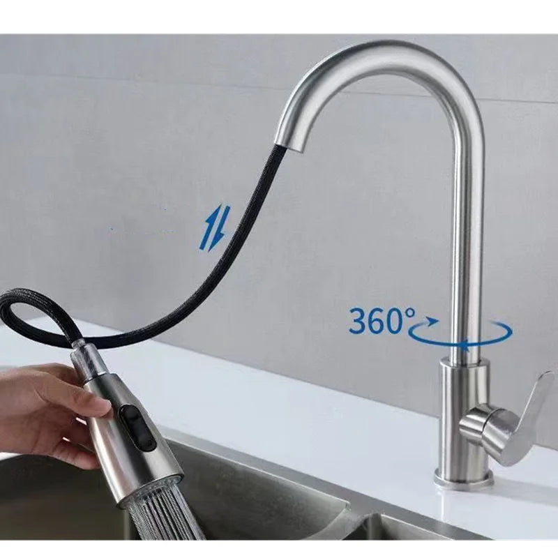 Mitigeur de cuisine avec douchette extractible, bec extensible en inox. Plomberie moderne.