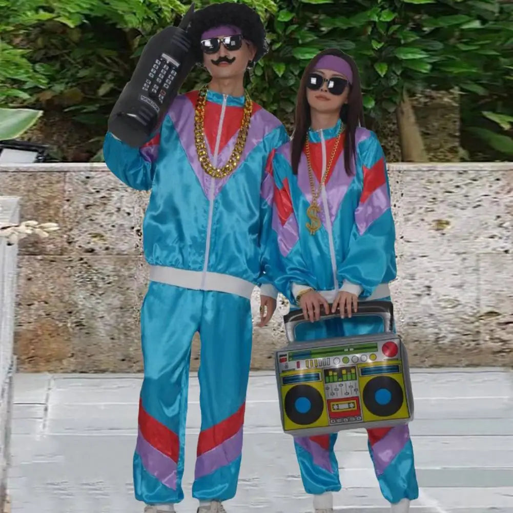 Costume années 80 unisexe: survêtement zippé colorblock en polyester pour un look rétro authentique.