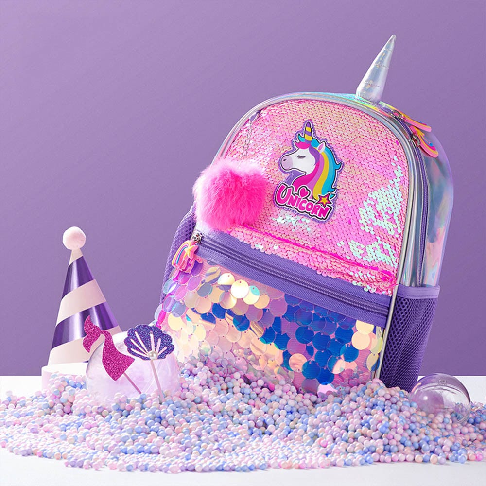 Cartable licorne rose à paillettes réversibles pour fille, idéal pour l'école maternelle ou primaire.