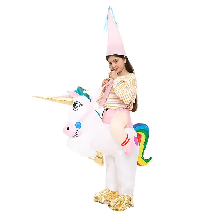 Costume licorne gonflable avec corne brillante et queue arc-en-ciel, pour enfant et adulte. Magique!