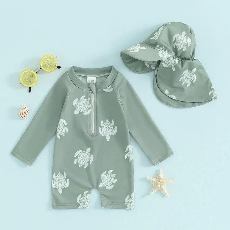 Maillot de bain anti-éruption garçons manches longues, motifs tortue/dinosaure. Protection solaire enfant plage piscine.