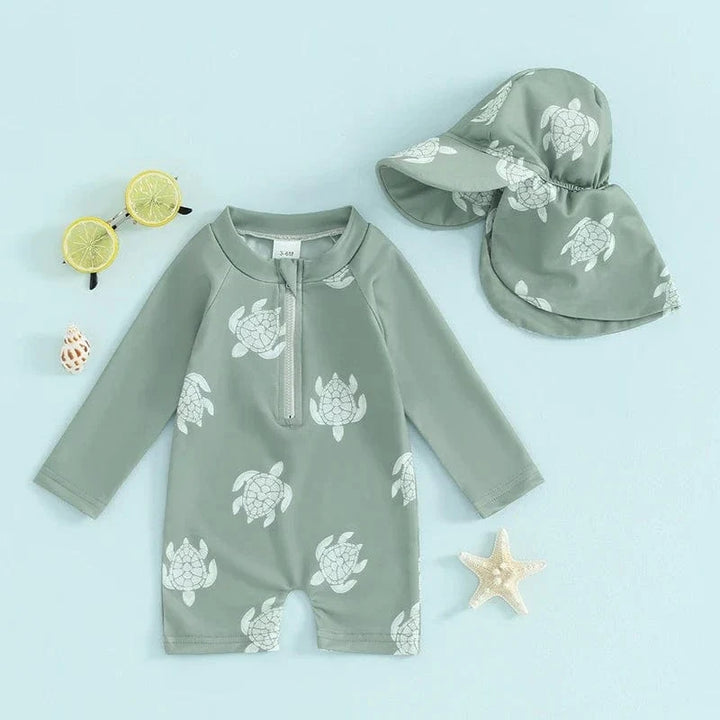 Maillot de bain anti-éruption garçons manches longues, motifs tortue/dinosaure. Protection solaire enfant plage piscine.