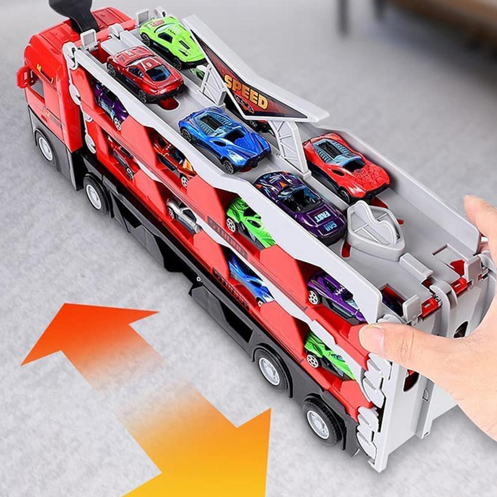 Ensemble de jeu MegaTransporter: camion avec remorque et 8 voitures en plastique ABS pour garçons et filles.