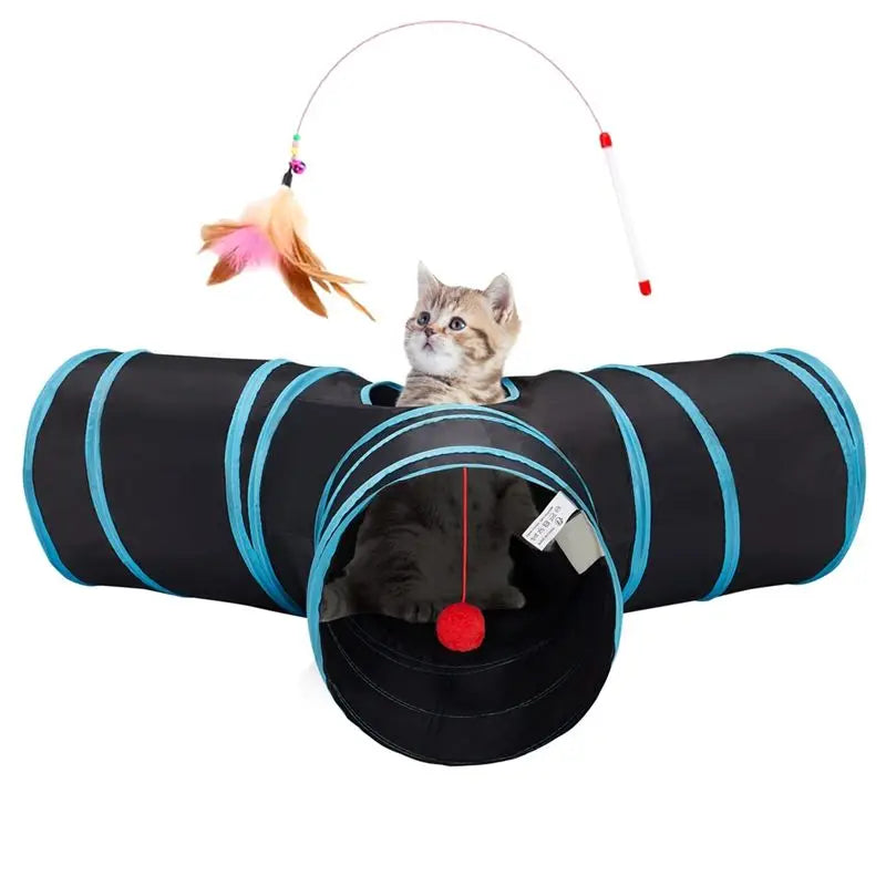 Tunnel de jeu pliable 3 voies gris pour chat, stimulation interactive. Parfait pour le divertissement félin.