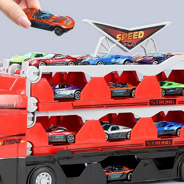 Jouet camion transporteur MegaTransporter, sa remorque et 8 petites voitures pour un jeu d'aventure éducatif.