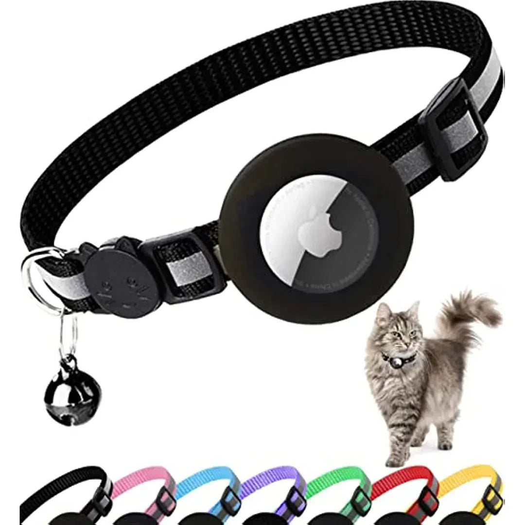 Collier réfléchissant de sécurité pour chat en nylon réglable, avec support pour traceur GPS.