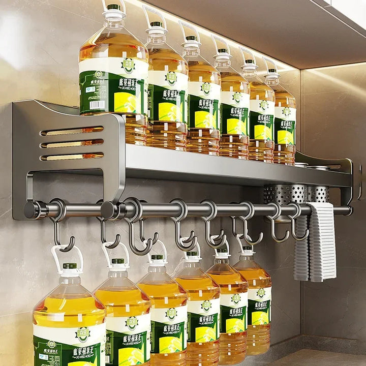 Organisateur de cuisine mural moderne en acier, rangement gain de place pour épices et ustensiles de cuisine.