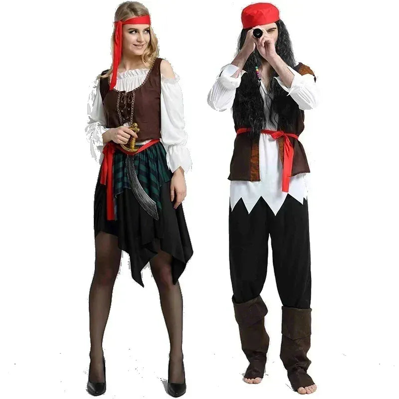 Déguisement pirate élégant pour homme et femme, idéal pour Halloween, carnaval ou fête à thème.