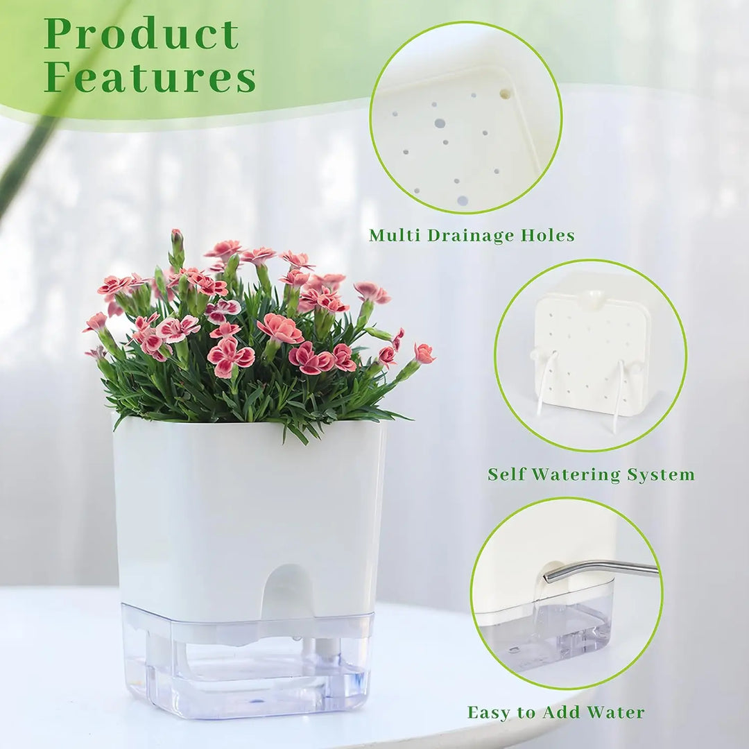Décoration moderne: pot de fleurs autonome blanc pour végétaux d'intérieur. Système d'arrosage smart, fenêtre/bureau.