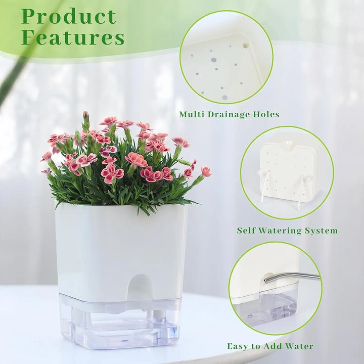 Décoration moderne: pot de fleurs autonome blanc pour végétaux d'intérieur. Système d'arrosage smart, fenêtre/bureau.