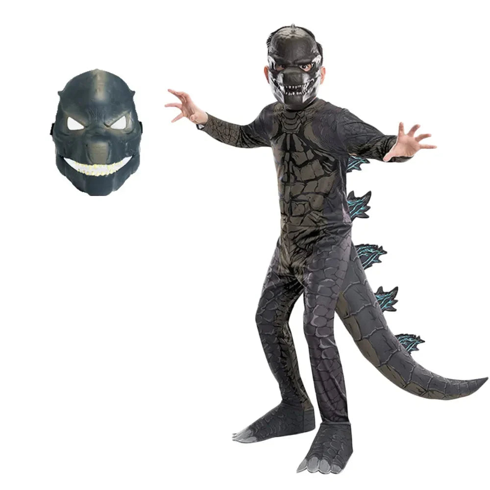 Déguisement cosplay dinosaure monstre pour enfant, vert et effrayant, parfait pour Halloween et la fête.
