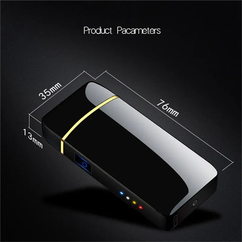 Briquet plasma en métal brossé, rechargeable par USB, design coupe-vent élégant.