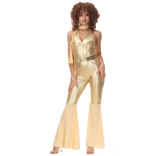 Déguisement années 80 disco rétro vue d'ensemble. Costume homme et femme pour une fête à thème vintage, carnaval.