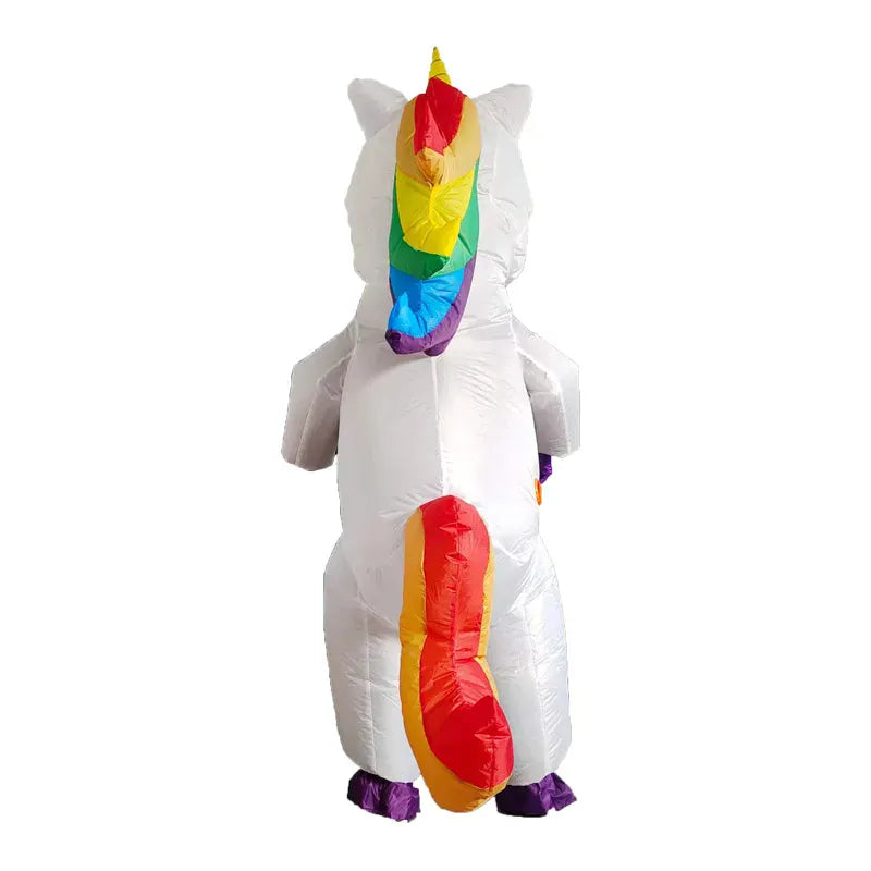 Grande licorne gonflable blanche et multicolore, déguisement humoristique unisexe pour ambiance festive.