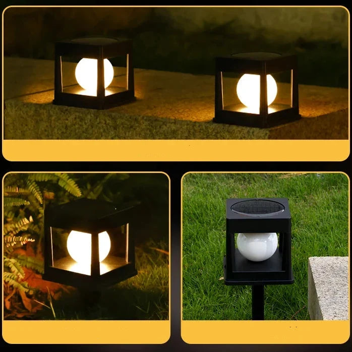 Vue d'une lampe solaire LED éclairant une zone de jardin la nuit, installation simple.