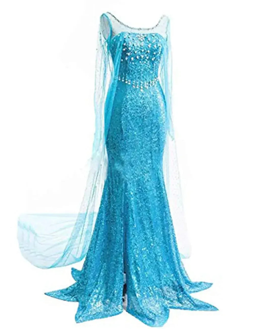 Costume de princesse bleu scintillant pour femme, idéal pour fête costumée, bal ou événement cosplay.
