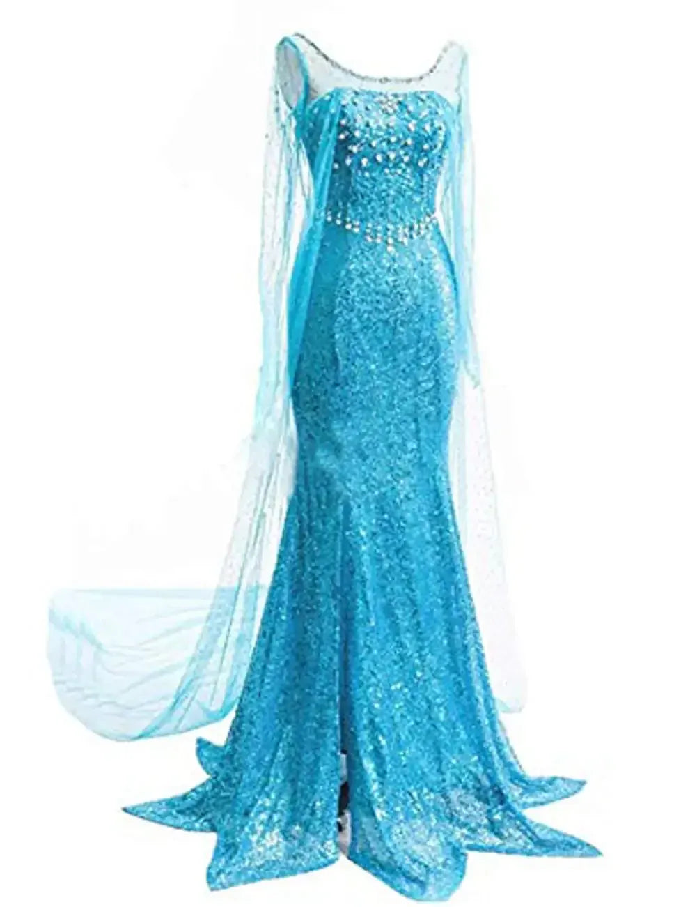 Costume de princesse bleu scintillant pour femme, idéal pour fête costumée, bal ou événement cosplay.
