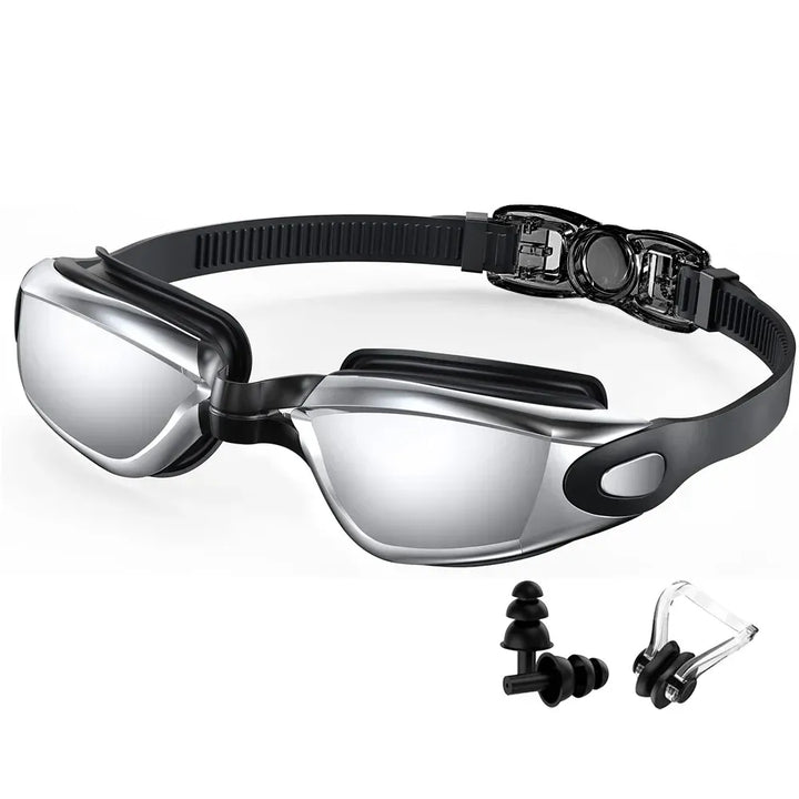 Nageur portant des lunettes de natation unisexes, anti-buée et UV, pour une vision parfaite en piscine.