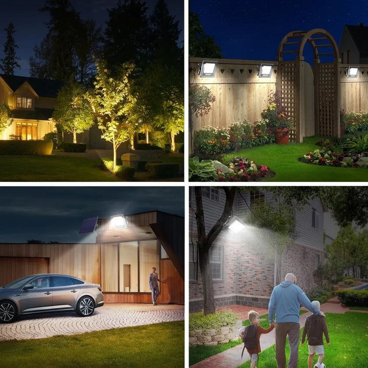 Projecteur solaire autonome LED pour éclairage extérieur de jardin et terrasse. Installation facile, IP65 étanche.