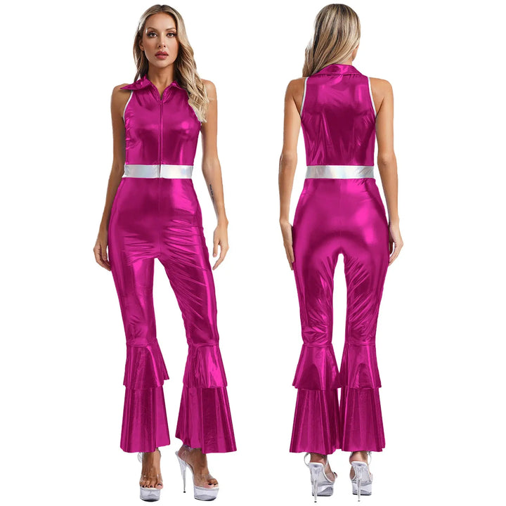 Costume femme années 90, combinaison métallique scintillante, tenue parfaite pour une fête disco.
