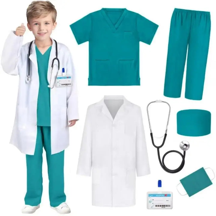 Ensemble déguisement enfant médecin-infirmière en polyester, avec stéthoscope pour des heures de jeu.