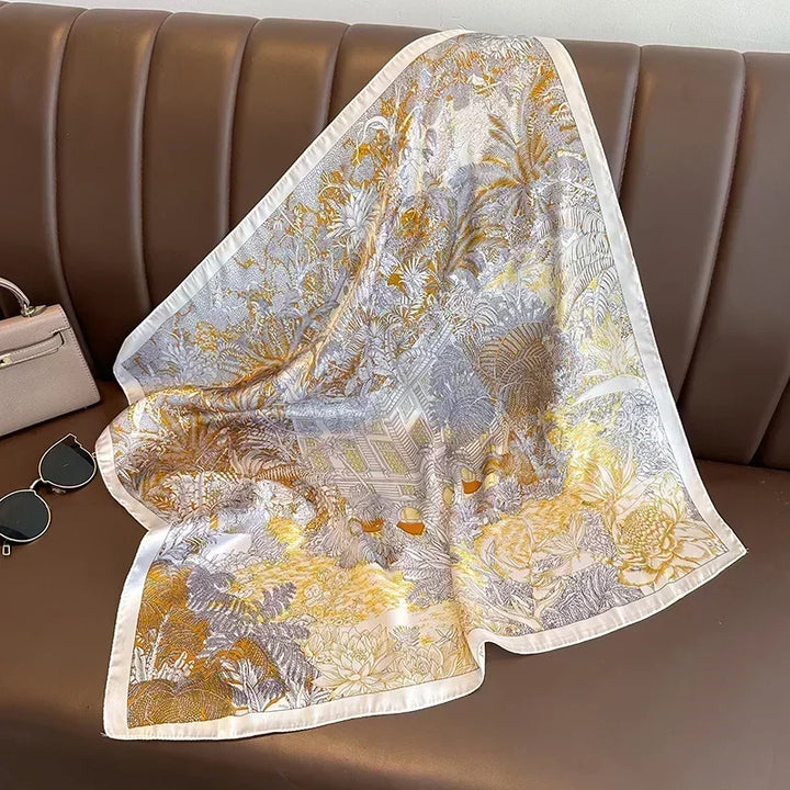 Foulard mode en satin pour femme, imprimé stylé, idéal pour cheveux et sacs.