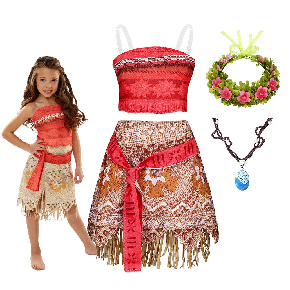 Déguisement Vaiana enfant deux pièces pour filles, costume de princesse aventurière pour fête ou carnaval.