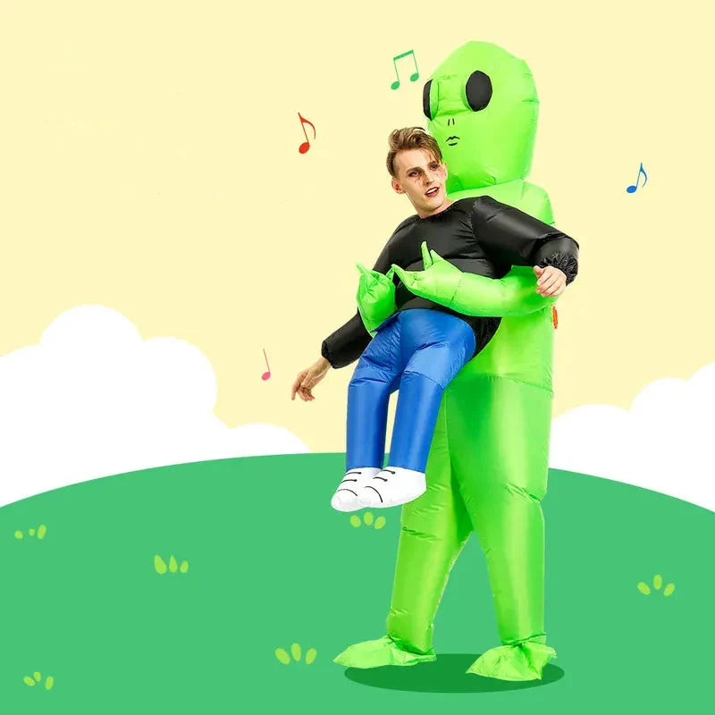 Costume gonflable d'extraterrestre vert pour déguisements de fête, cosplay, ou Halloween. Unisexe et original.