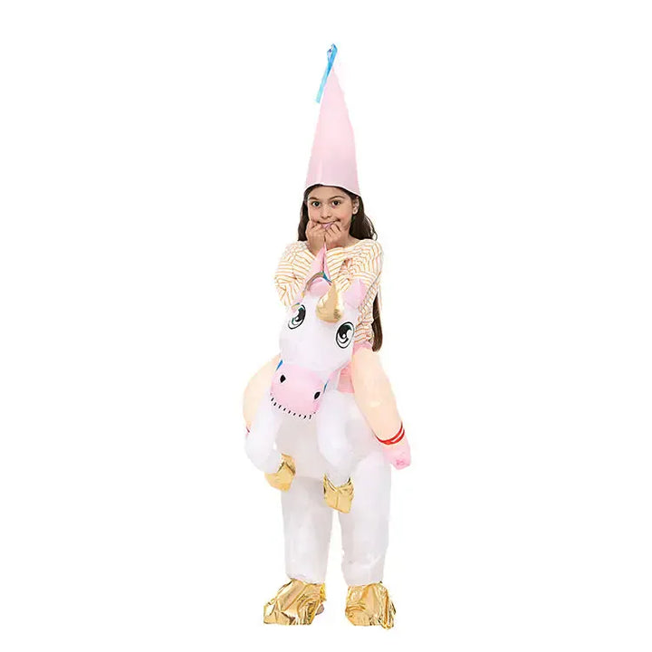 Déguisement licorne gonflable facile à porter pour adulte et enfant. Idéal pour carnaval et événements spéciaux.