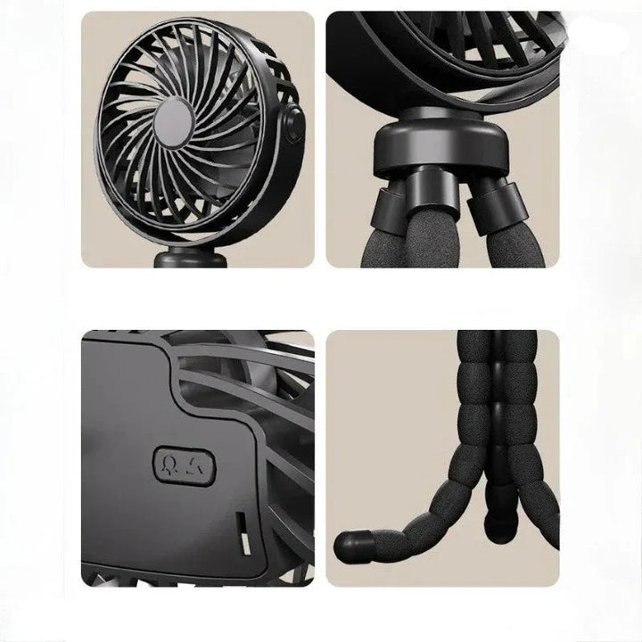 Ventilateur portable USB pour voyage et bureau, avec bras flexible. Silencieux, offre un rafraîchissement instantané en été.