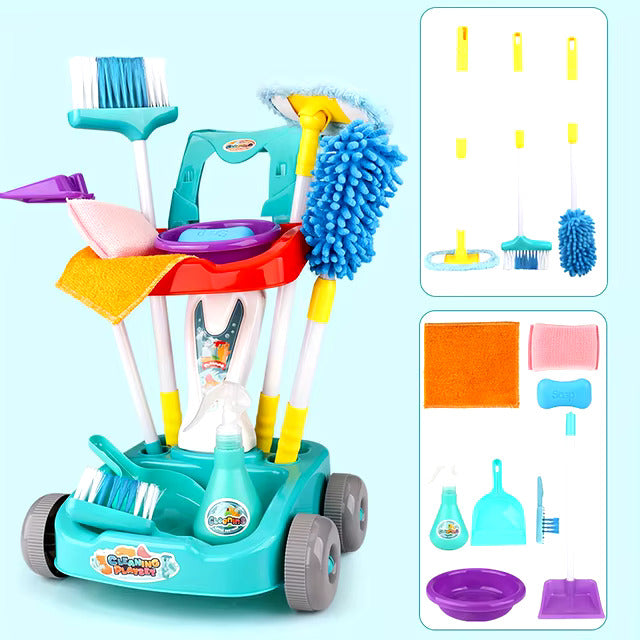 Ensemble de nettoyage jouet pour enfants avec balai, pelle et brosse, idéal pour jeu de rôle éducatif.